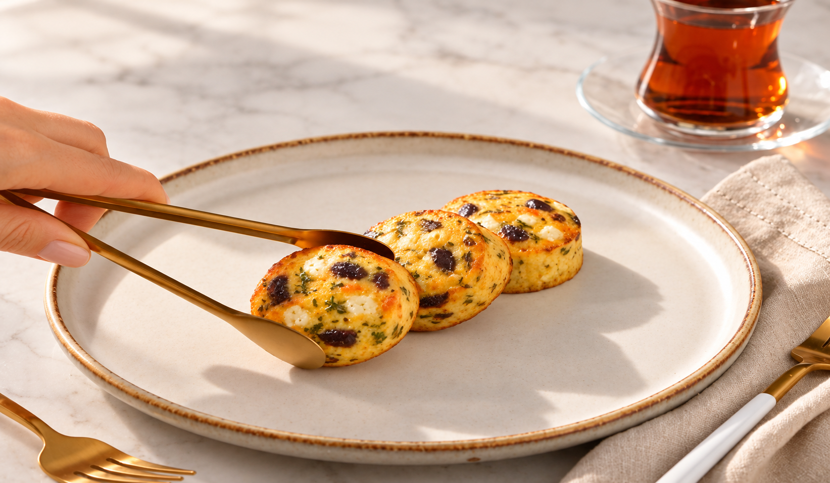 Egg Bites served on a plate with tea in a café